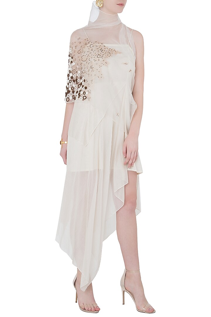 White dress with asymmetrical cape jacket available only at Pernia's Pop Up Shop.