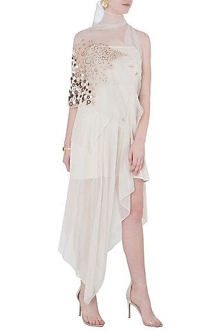 White Dress with Asymmetrical Cape Jacket by Vaishali S