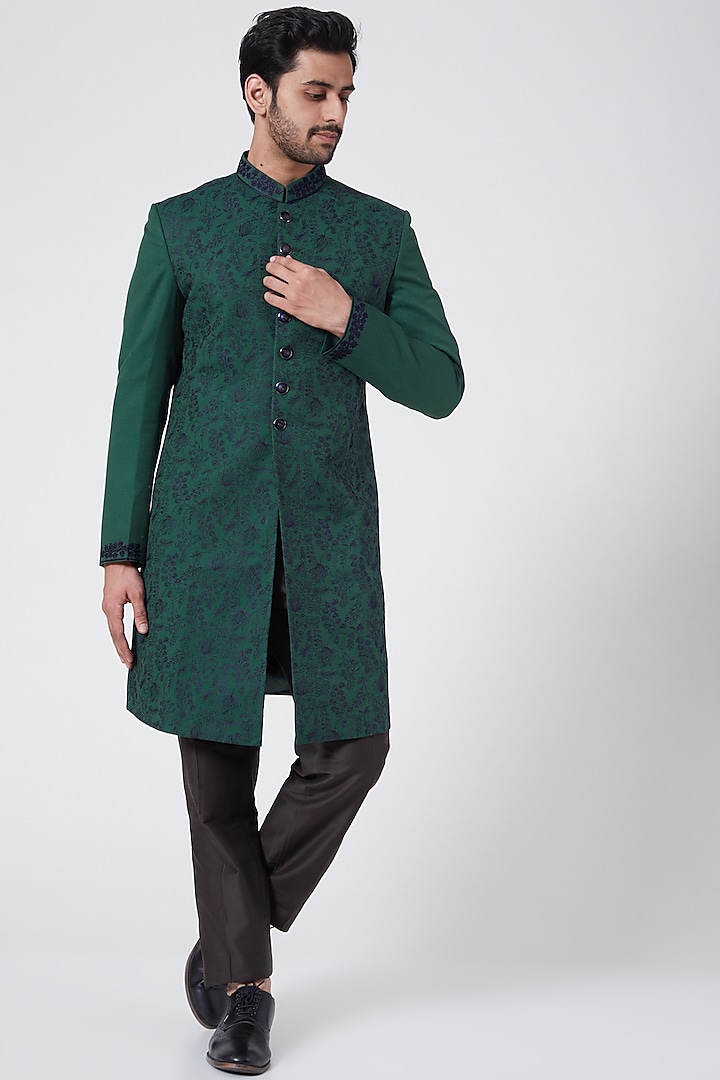 Olive Green Embroidered Indo Western Jacket by Vavci
