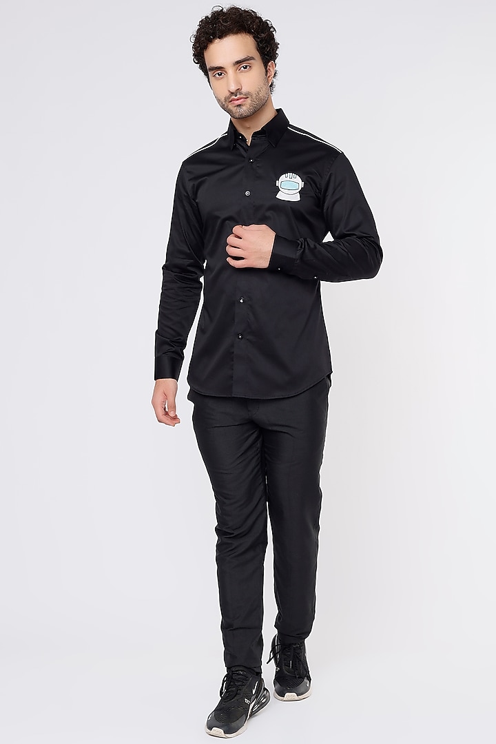 Black Cotton Embroidered Shirt by Vavci