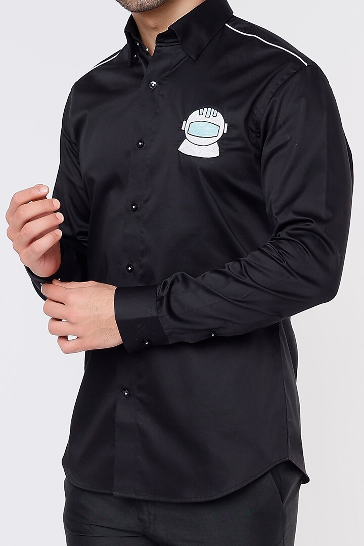 Black Cotton Embroidered Party Wear Shirt by Vavci at Pernia's Pop Up Shop
