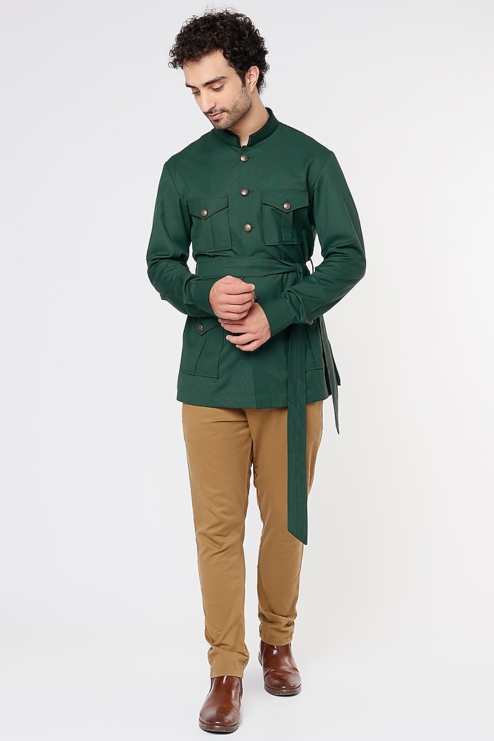 Emerald Green Poly Viscose Shirt by Vavci
