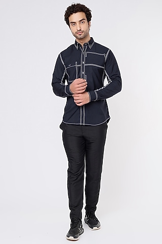 Blue Poly Viscose Shirt by Vavci