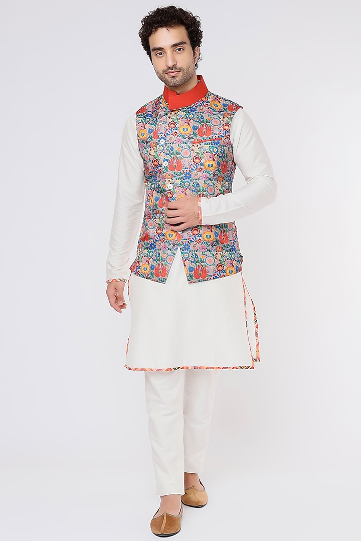 White Silk Kurta Set With Bundi Jacket by Vavci at Pernia's Pop Up Shop