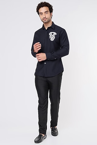 Cobalt Blue Embroidered Shirt by Vavci
