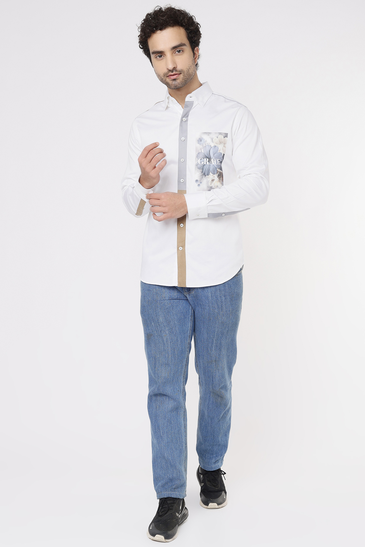White Cotton Printed Party  start Shirt by Vavci at Pernia's Pop Up Shop