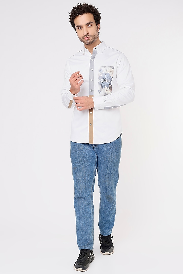 White Cotton Printed Shirt by Vavci