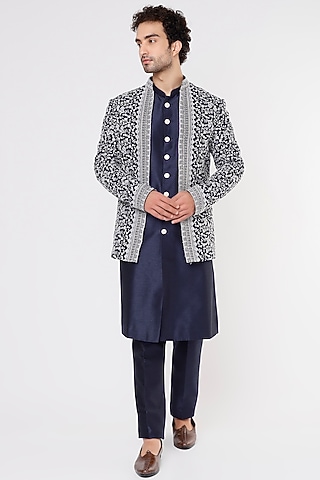 Cobalt Blue Poly Indo Western Jacket Set by Vavci