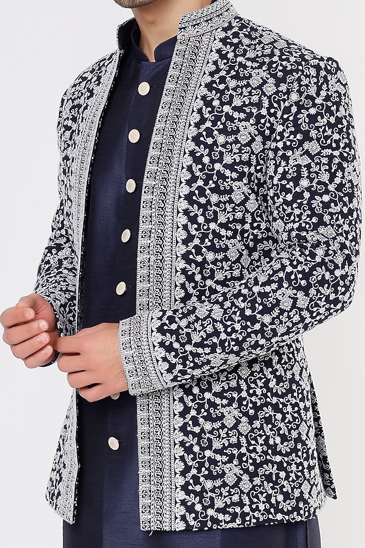 Cobalt Blue Poly Indo Western Jacket Set by Vavci at Pernia's Pop Up Shop