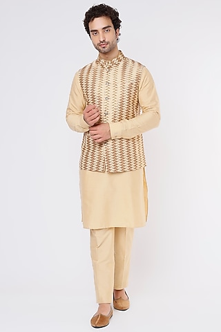 Gold Cotton Silk Kurta Set With Bundi Jacket by Vavci