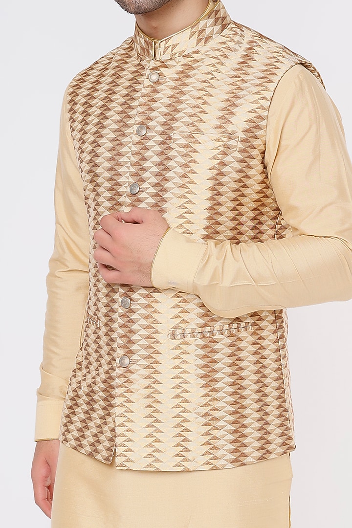 Gold Cotton Silk Kurta Set With Bundi Jacket by Vavci at Pernia's Pop Up Shop