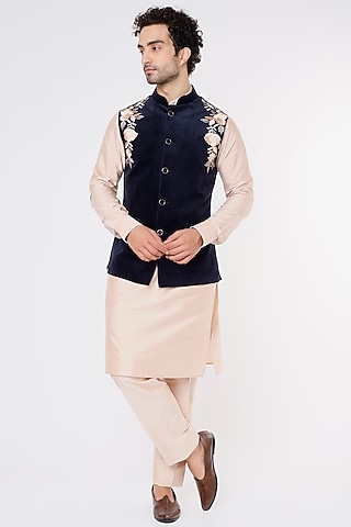Cobalt Blue Velvet Bundi Jacket With Kurta Set by Vavci