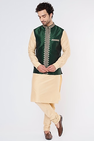 Emerald Green Silk Bundi Jacket With Kurta Set by Vavci