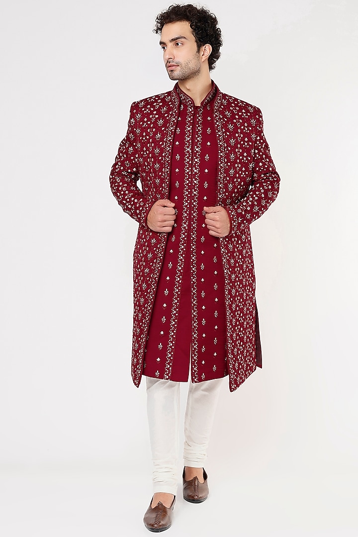 Red Embroidered Indo-Western Set by Vavci