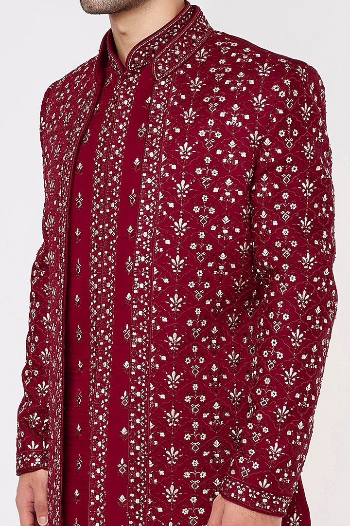 Red Embroidered Indo-Western Set by Vavci at Pernia's Pop Up Shop