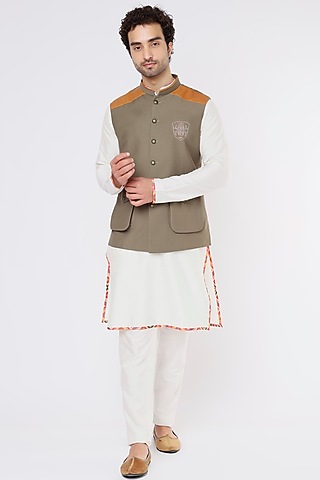 Olive Hand Embroidered Bundi Jacket by Vavci