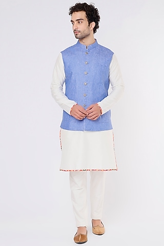 Sky Blue Linen Bundi Jacket by Vavci