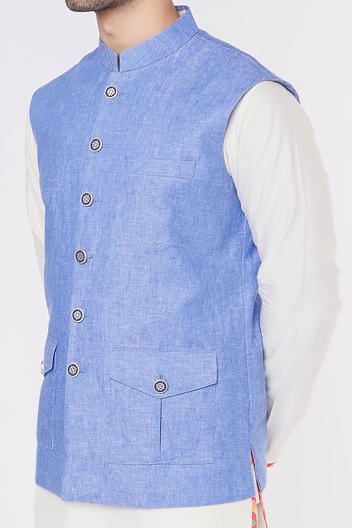 Sky Blue Linen Bundi Jacket by Vavci at Pernia's Pop Up Shop