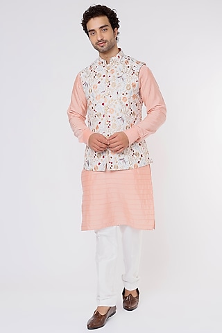 Blush Pink Dupion Kurta Set With Bundi Jacket by Vavci
