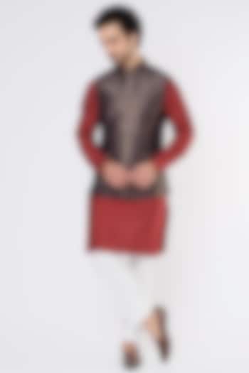 Red Silk Kurta Set With Bundi Jacket by Vavci