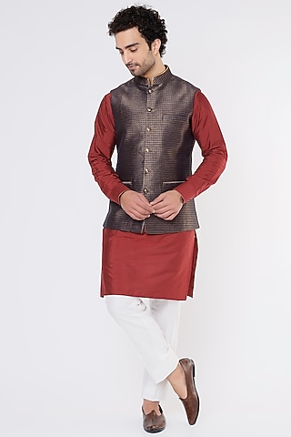 Red Silk Kurta Set With Bundi Jacket by Vavci