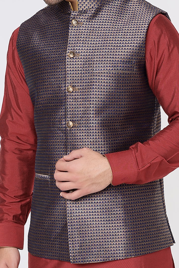 Red Silk Kurta Set With Bundi Jacket by Vavci at Pernia's Pop Up Shop