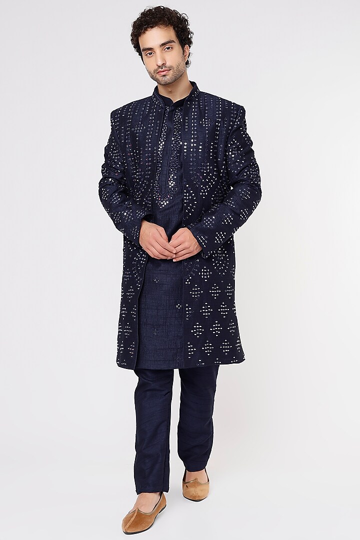 Blue Silk Embroidered Indo-Western Jacket Set by Vavci