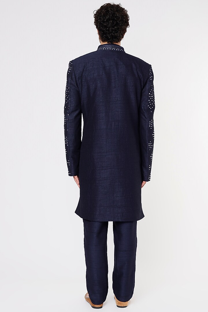 Blue Silk Embroidered Indo-Western Jacket Set by Vavci at Pernia's Pop Up Shop