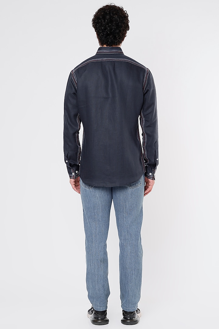Blue Linen Party Wear Shirt by Vavci at Pernia's Pop Up Shop