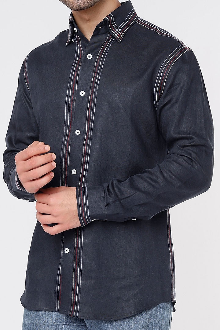 Blue Linen Party Wear Shirt by Vavci at Pernia's Pop Up Shop