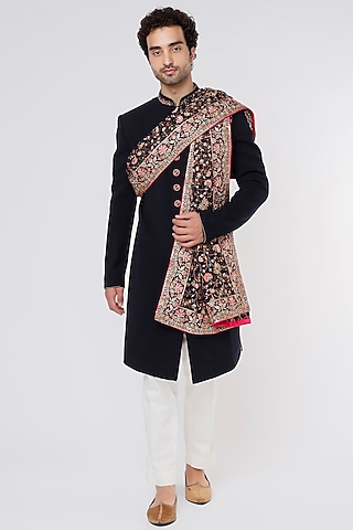 Midnight Blue Japanese Fabric Indo-Western Jacket Set by Vavci