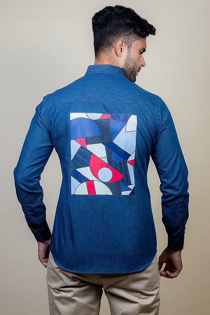 Cobalt Blue Printed Party Wear Shirt by Vavci at Pernia's Pop Up Shop