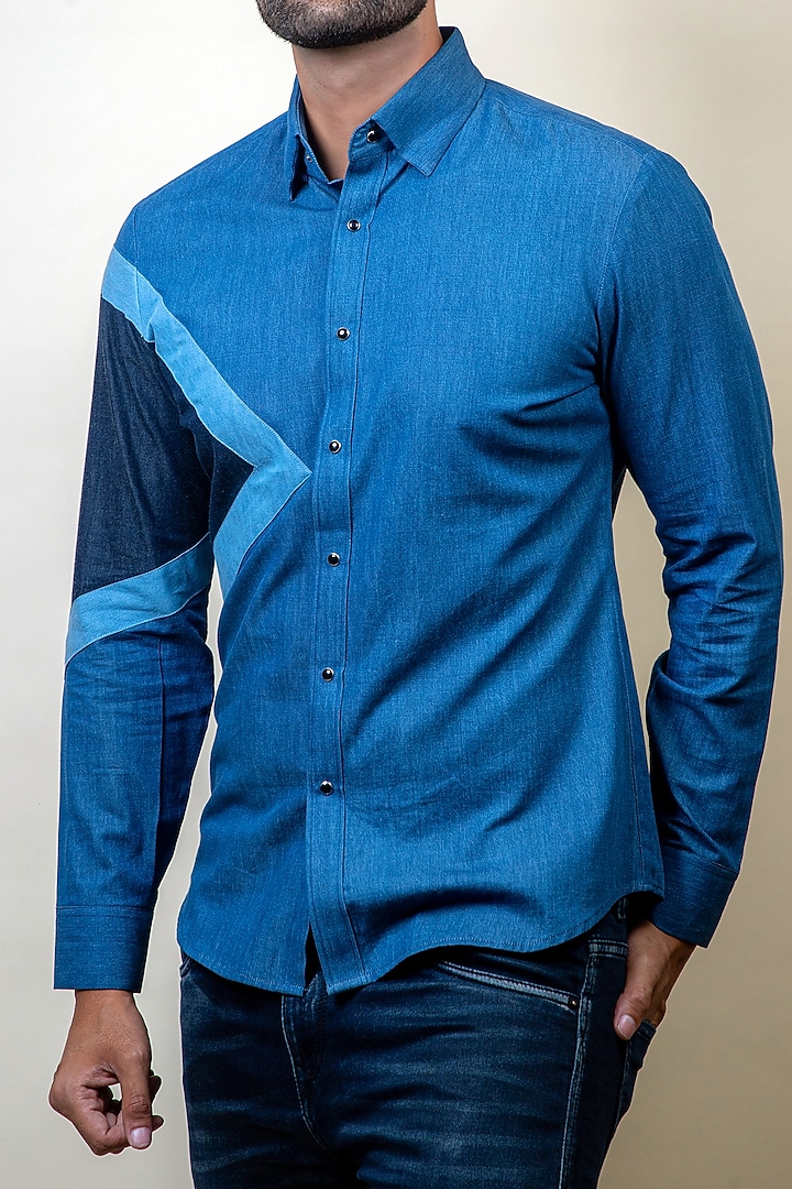 Cobalt Blue Denim Party Wear Shirt by Vavci at Pernia's Pop Up Shop