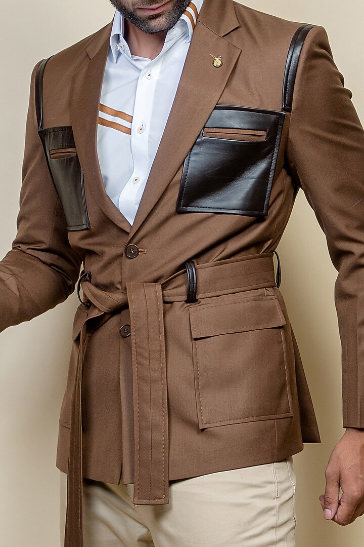 Tan Poly Viscose Coat by Vavci at Pernia's Pop Up Shop
