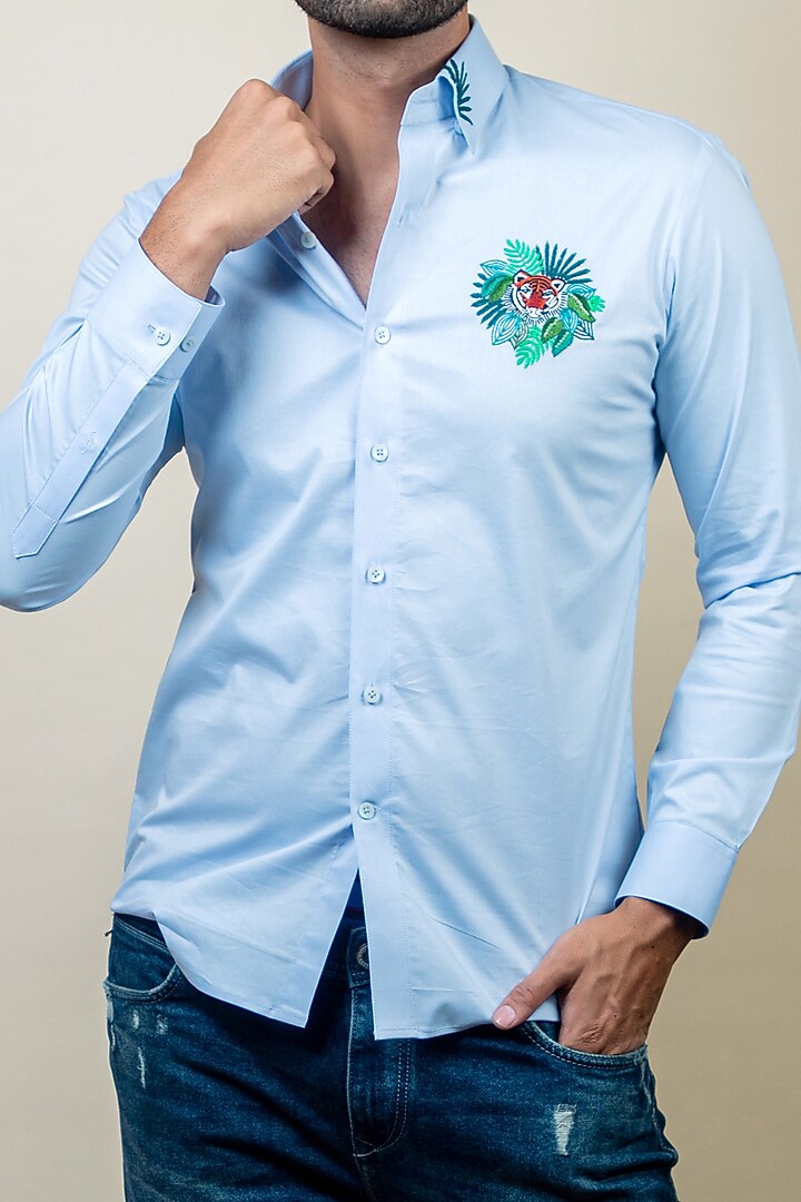 Sky Blue Embroidered Party Wear Shirt by Vavci at Pernia's Pop Up Shop