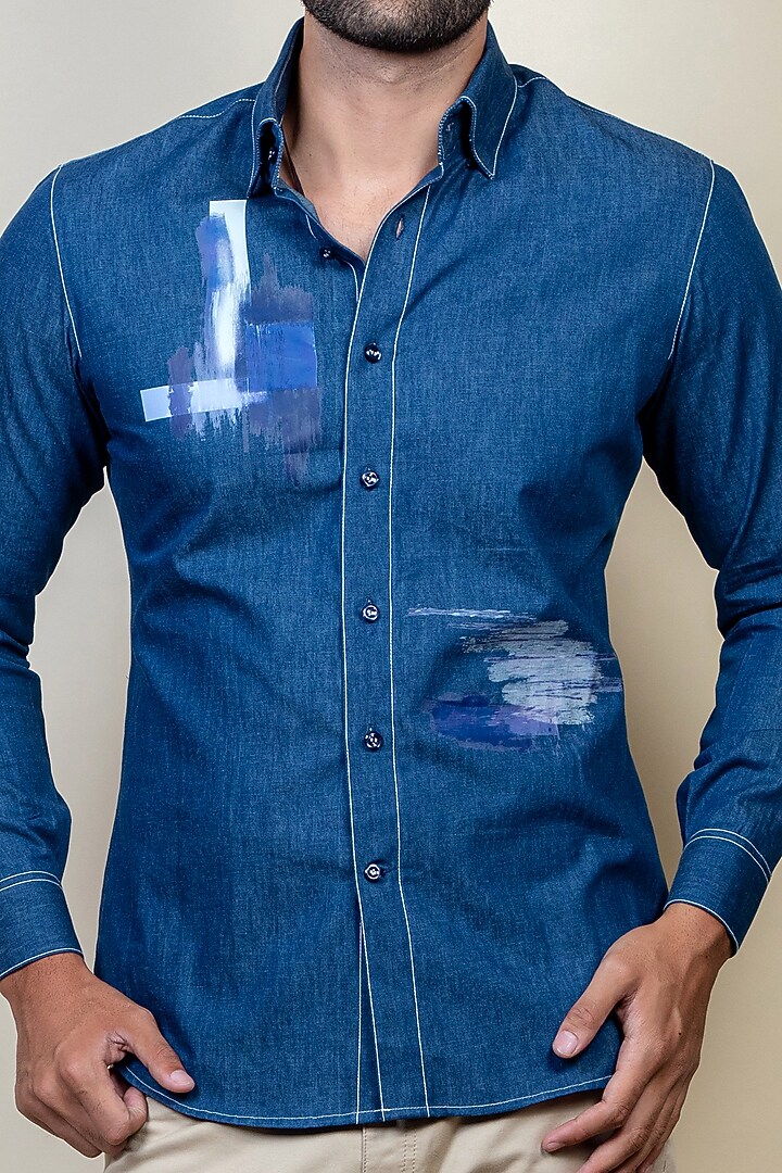 Cobalt Blue Digital Printed Party Wear Shirt by Vavci at Pernia's Pop Up Shop