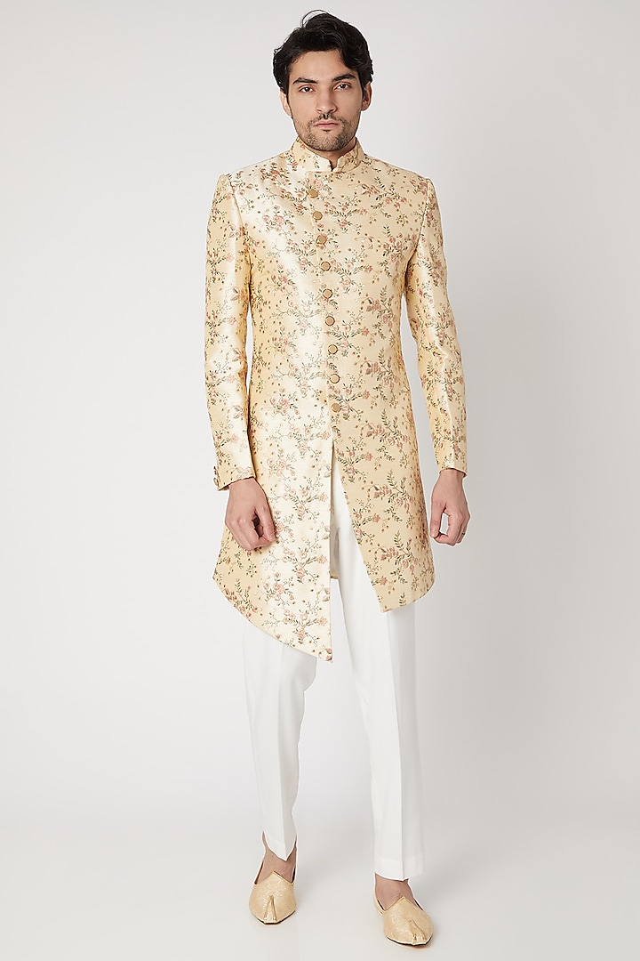 Off White Embroidered Sherwani Set by Vavci