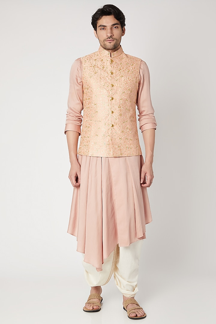 Peach Floral Embroidered Nehru Jacket by Vavci