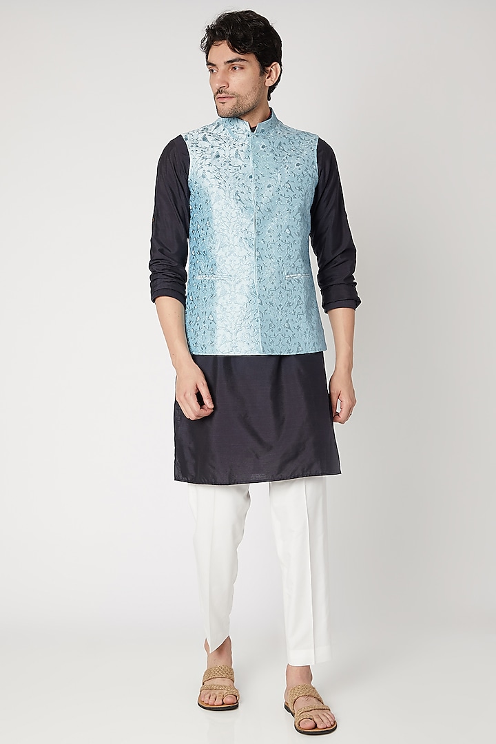 Sky Blue Floral Embroidered Nehru Jacket by Vavci