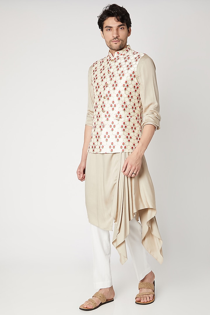 Off White Embroidered Nehru Jacket by Vavci