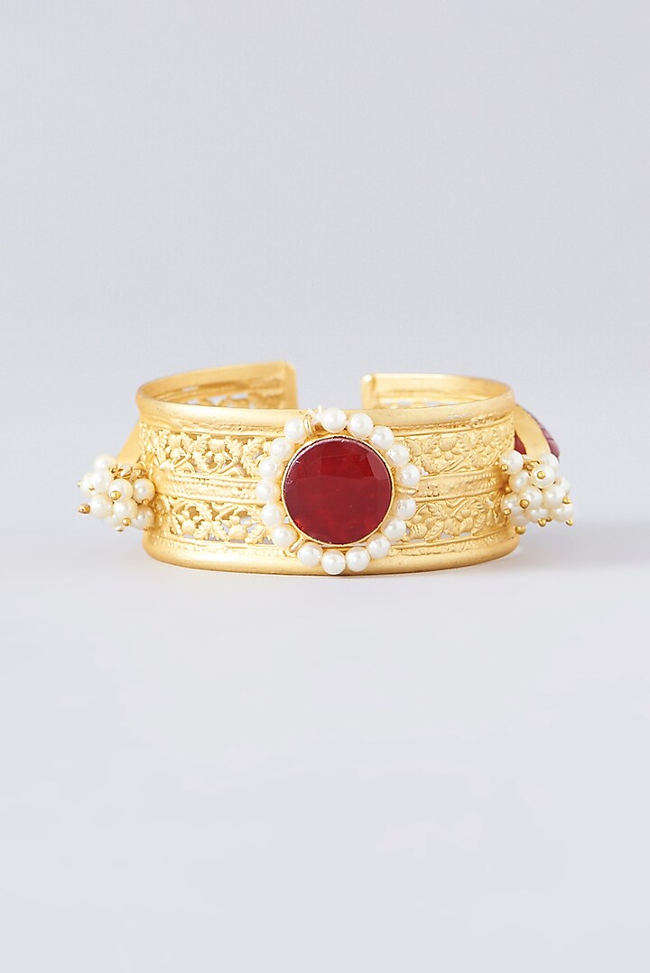 Gold Finish Red Semi-Precious Stone & Pearl Bangle by Velvetbox by Shweta at Pernia's Pop Up Shop