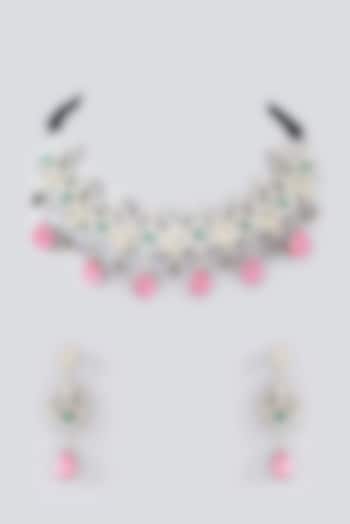 Two Tone Finish Pink Kundan Polki & Pearl Necklace Set by Velvetbox by Shweta