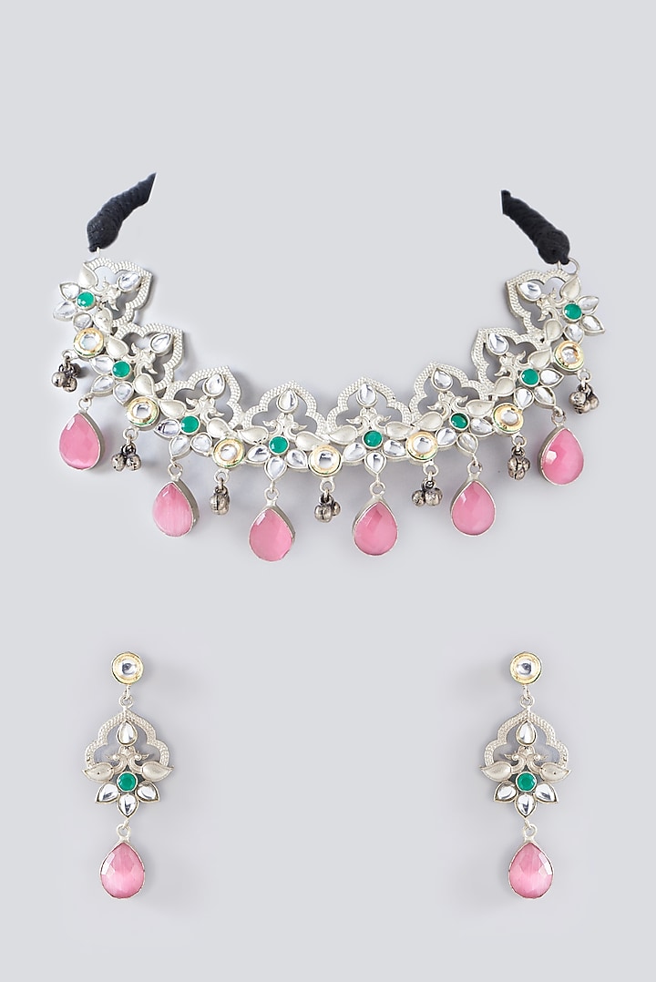 Two Tone Finish Pink Kundan Polki & Pearl Necklace Set by Velvetbox by Shweta