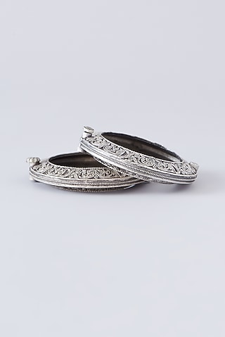Silver Finish Semi-Precious Stone Bangles (Set Of 2) by Velvetbox by Shweta