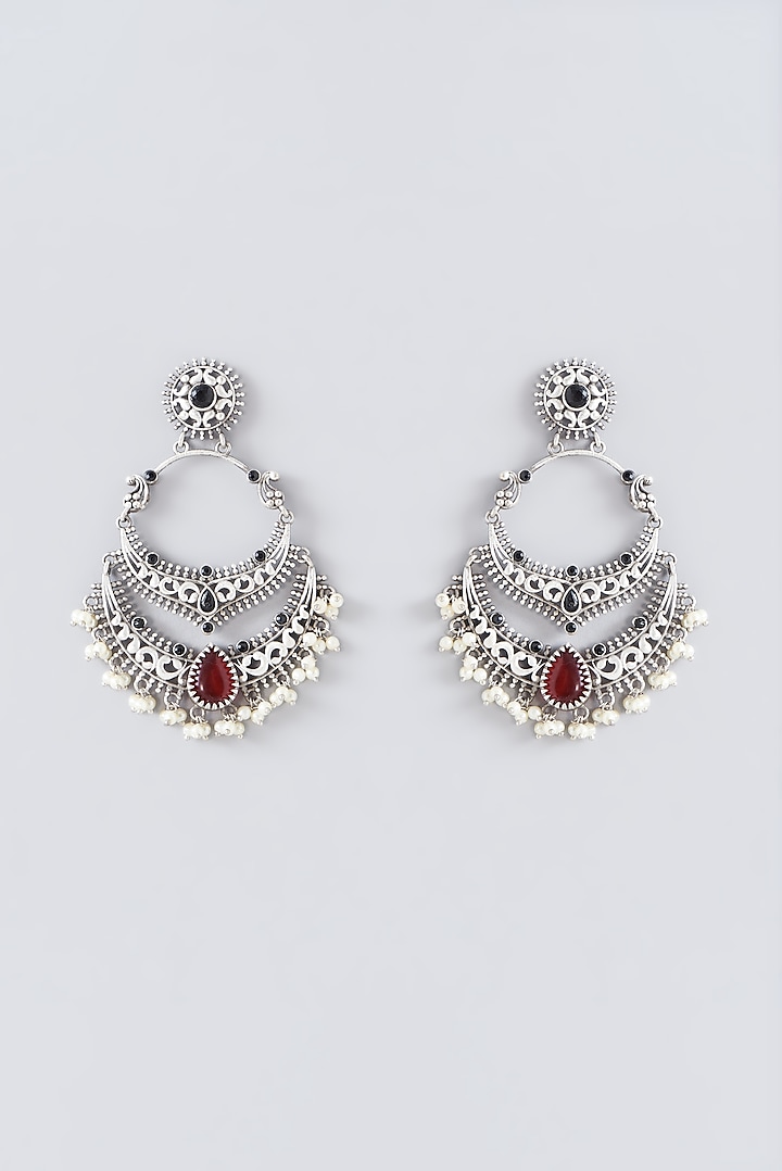 Oxidised Silver Finish Red Pachi Kundan Polki Dangler Earrings by Velvetbox by Shweta