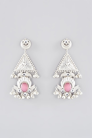 Oxidised Silver Finish Pink Pachi Kundan Polki Dangler Earrings by Velvetbox by Shweta