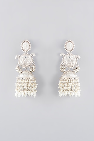 Oxidised Silver Finish Grey Pachi Kundan Polki Dangler Earrings by Velvetbox by Shweta
