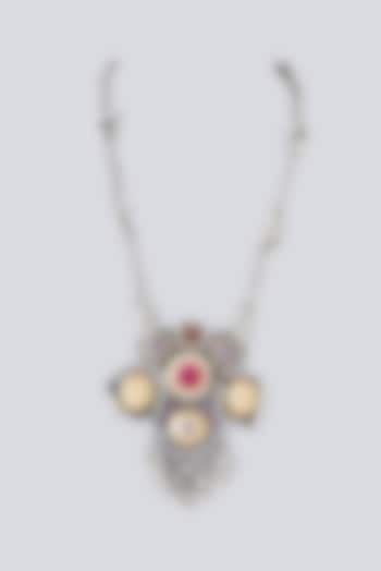 Oxidised Silver Finish Multi-Colored Pachi Kundan Polki Long Necklace by Velvetbox by Shweta