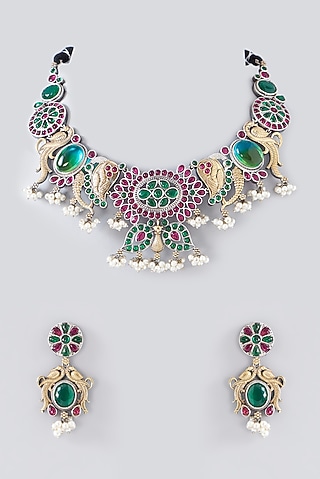 Oxidised Silver Finish Multi-Colored Semi-Precious Stone & Kundan Polki Necklace Set In Sterling Silver by Velvetbox by Shweta