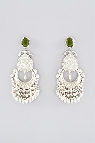 White Finish Emerald & Kundan Polki Chandbali Earrings by Velvetbox by Shweta